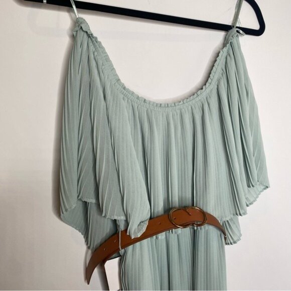 NWT Zara Off the Shoulder Belted Pleated Midi Dress in Mint Green - Picture 5 of 10